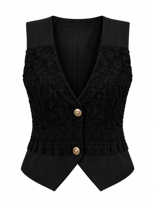 Vintage 90s Black Lace Romantic Tailored Waistcoat Vest - M