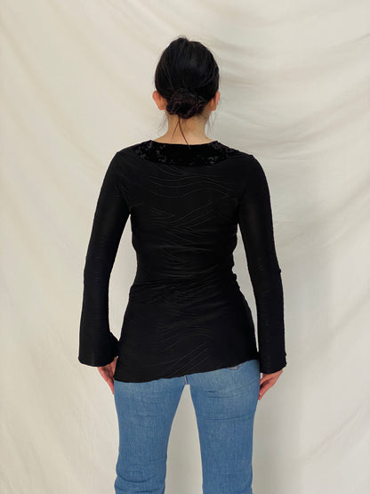 Vintage Dantela Essentials Black Velvet Collar Grunge Top – S