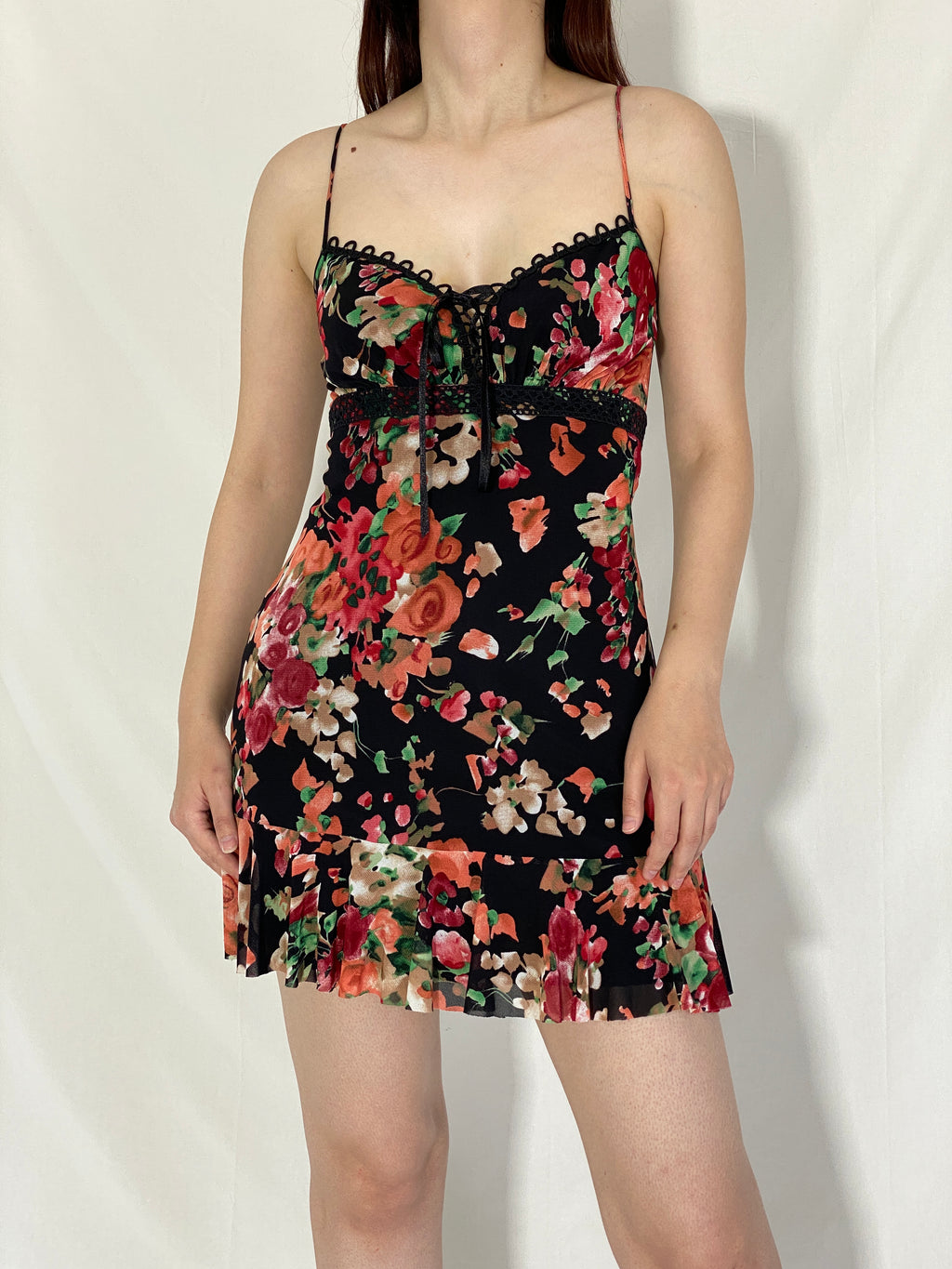 Y2K Floral Print Lace Trim Mini Dress Black with Red & Green Roses - S