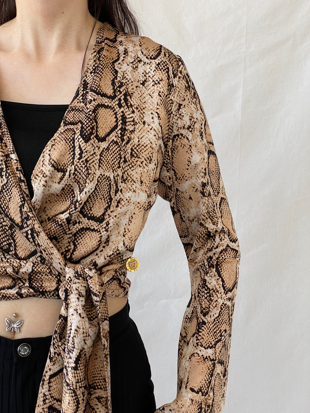 Vintage Delousion by Lou Snake Print Brown Beige Bell Sleeve Wrap Crop Top - S