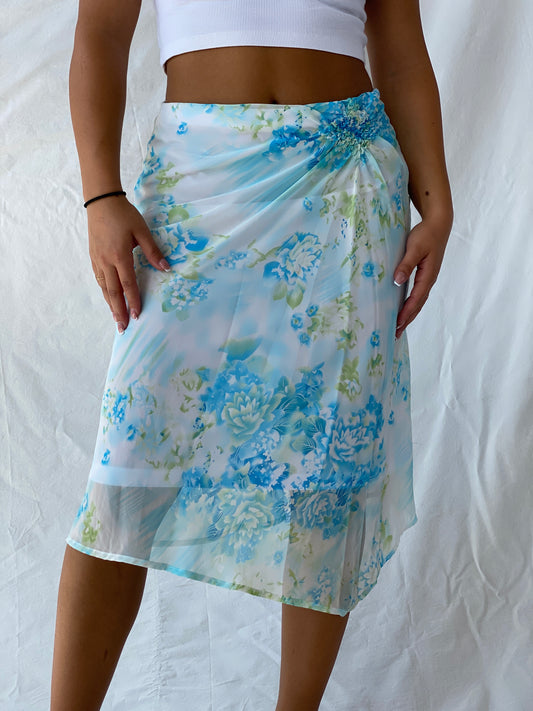 Vintage 90s This Aqua Blue Floral Sheer Chiffon Midi Skirt - M