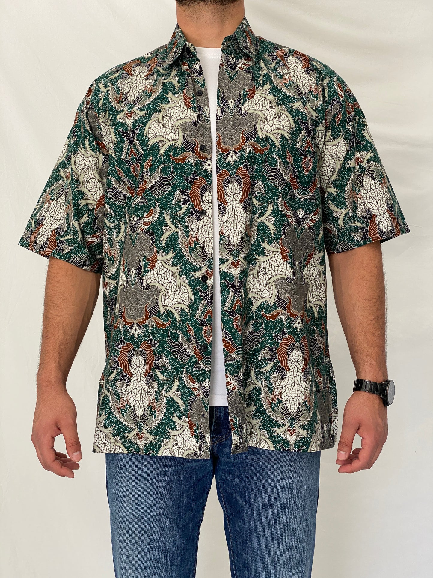 Vintage 90s Malaysia Collection Green Batik Paisley Cotton Short Sleeve Shirt - L