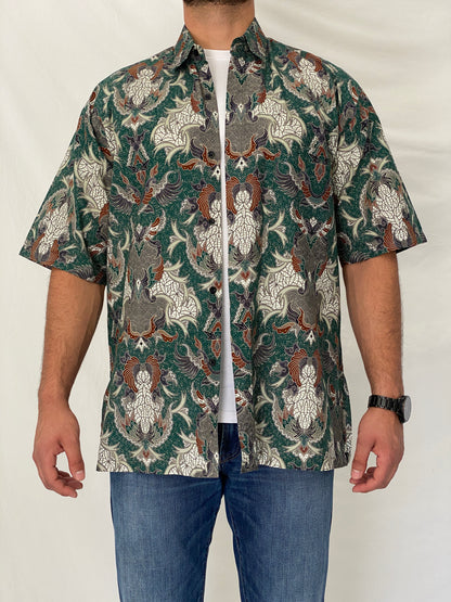 Vintage 90s Malaysia Collection Green Batik Paisley Cotton Short Sleeve Shirt - L
