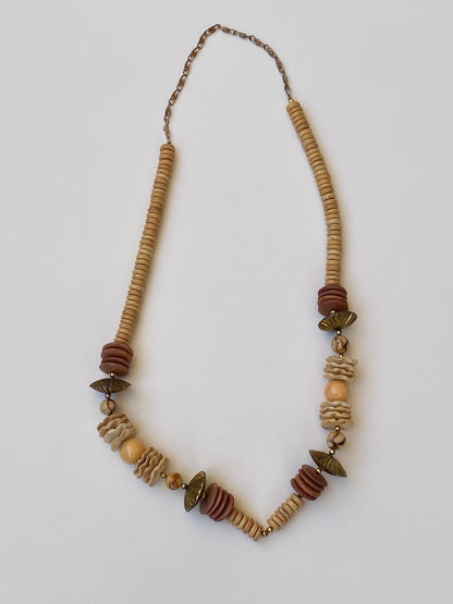 Vintage Earth Tone Beaded Statement Necklace Boho Wooden & Stone Inspired Collar Necklace