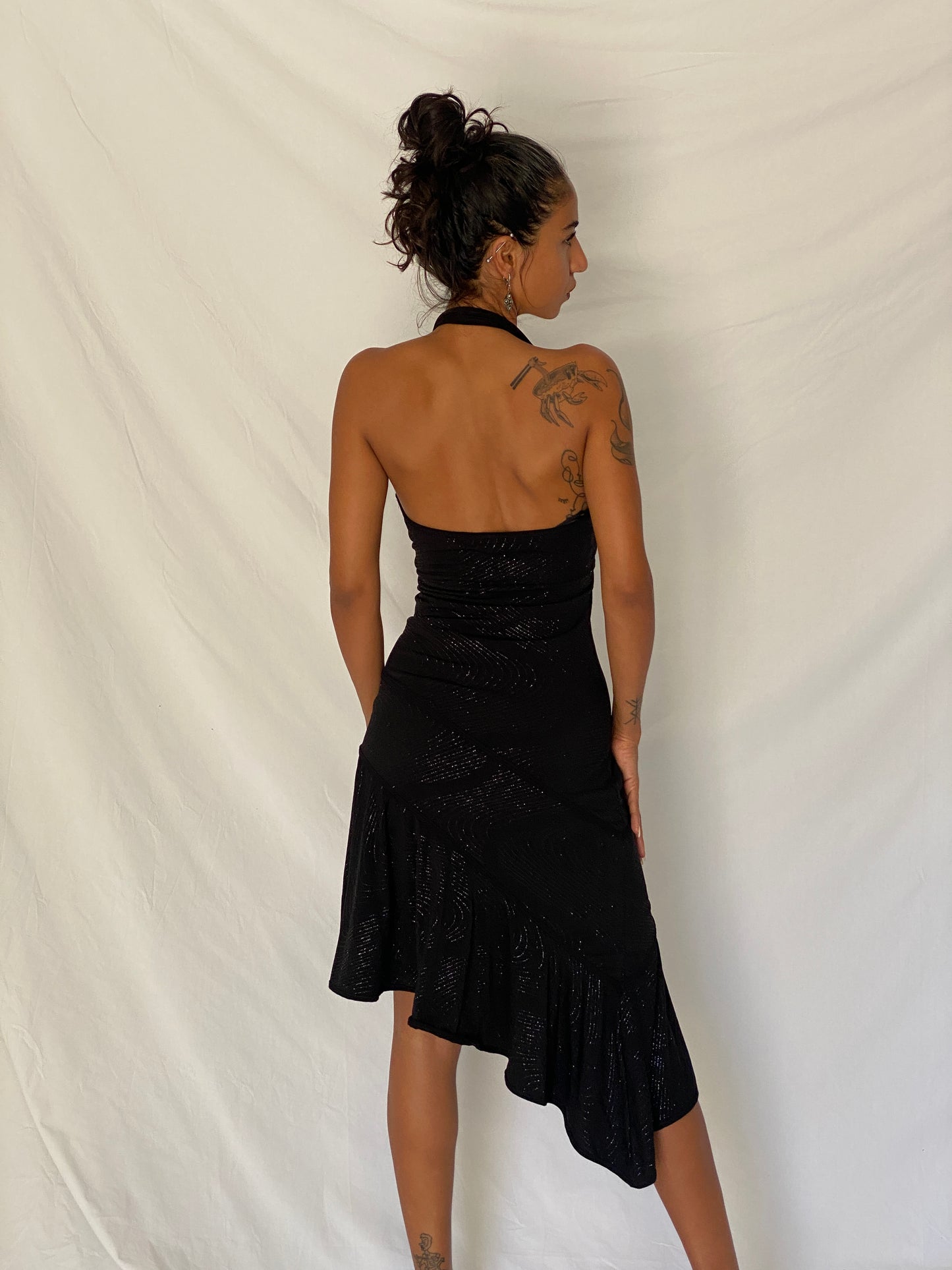 Vintage Y2K Lipstick Black Glitter Swirl Halter Asymmetric Midi Dress- S
