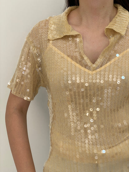Y2K Zara Champagne Gold Sheer Mesh Sequin Collared Top - S