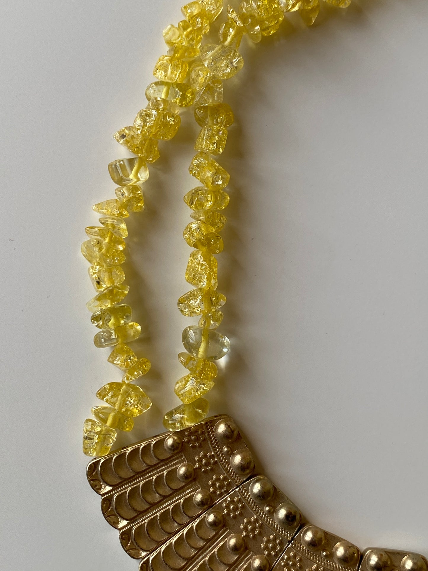 Vintage Yellow Crystal Chip Necklace with Gold-Tone Statement Panel Boho Ethnic Necklace