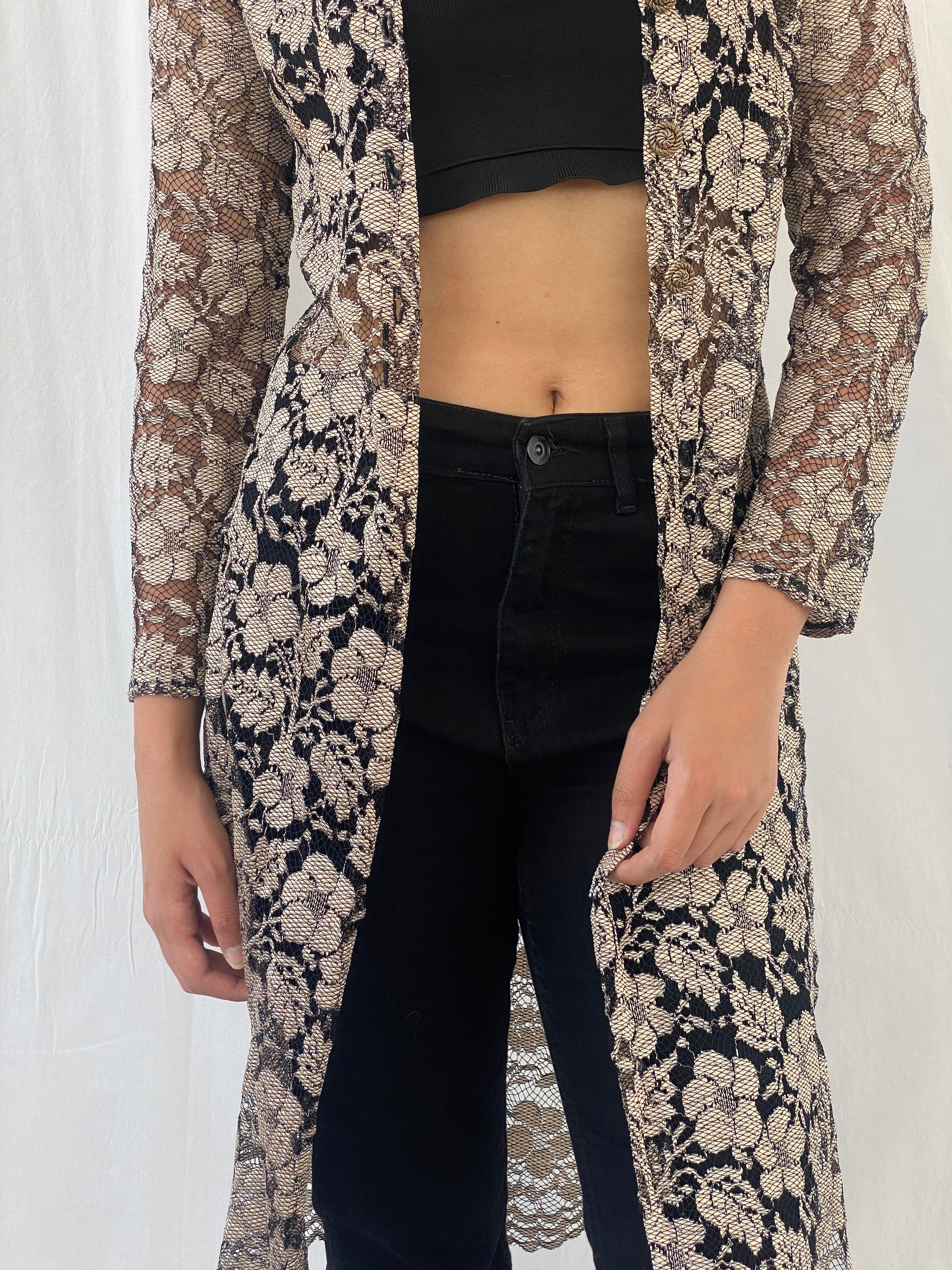 Stunning 90s Wallis Petite Gold Black Lace Long Cardigan - M