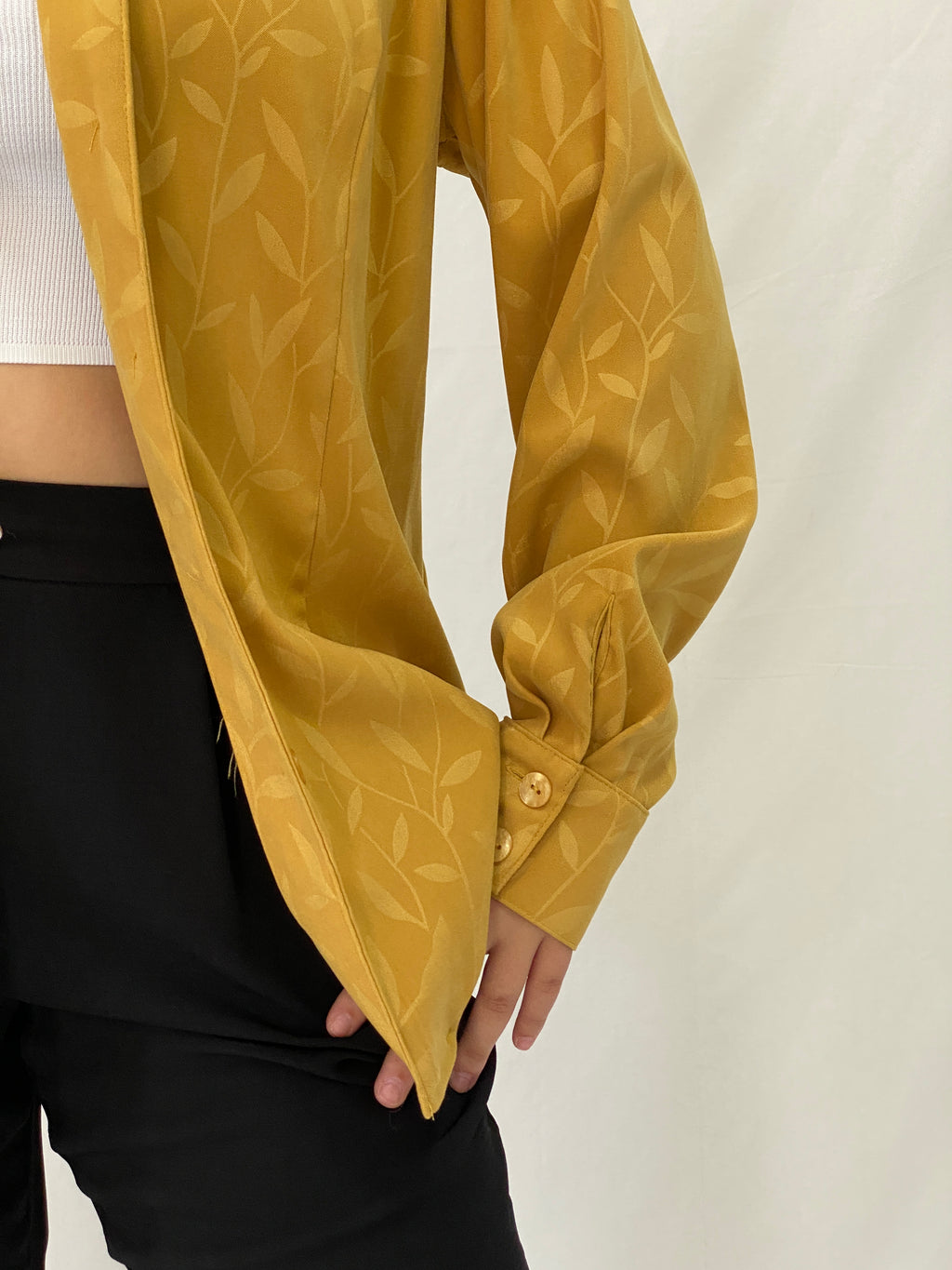 Vintage Vunic Mustard Yellow Leaf Print Blouse Long Sleeve Button Up Golden Hour Style Shirt - XL