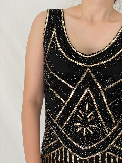 Vintage Art Deco Gatsby Black & Gold Sequin Fringe Cocktail Dress –  S