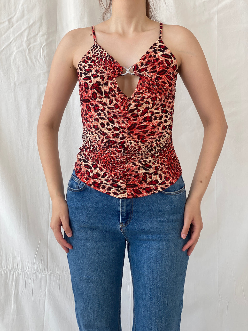 Y2K Seven Stars Jeans Red Leopard Print Cut Out Cami Top - S