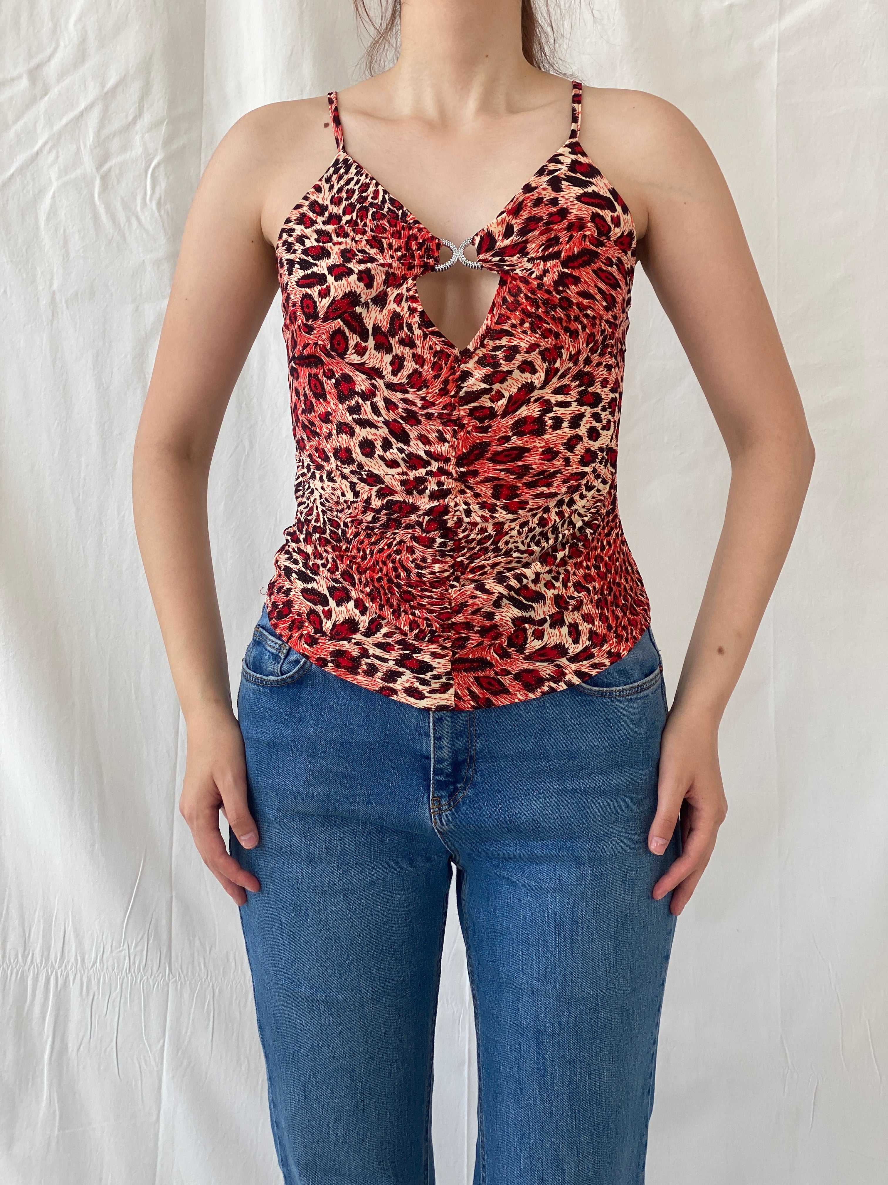 Y2K Seven Stars Jeans Red Leopard Print Cut Out Cami Top - S