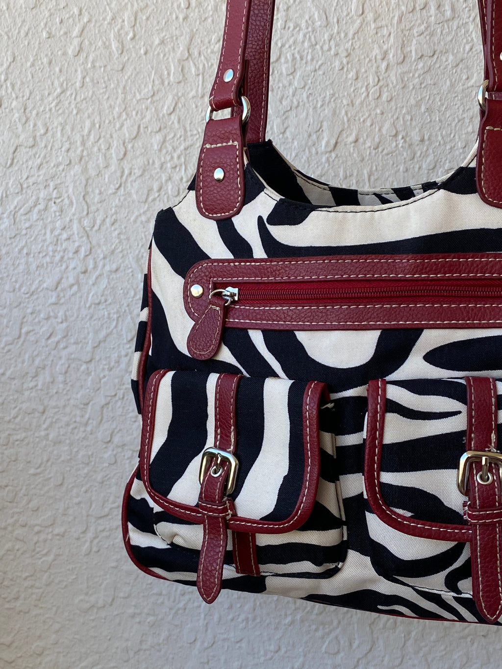 Vintage Y2K Zebra Print Black White Shoulder Bag Canvas with Faux Leather Red Detailing Purse