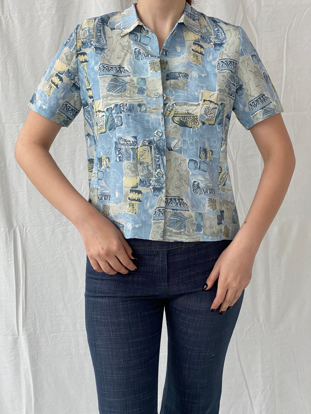 Vintage Handmade Blue Half Sleeve Button Up Women’s Shirt - M