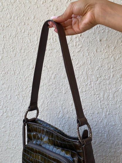 Vintage Brighton Olive Brown Croc Embossed Patent Shoulder Bag