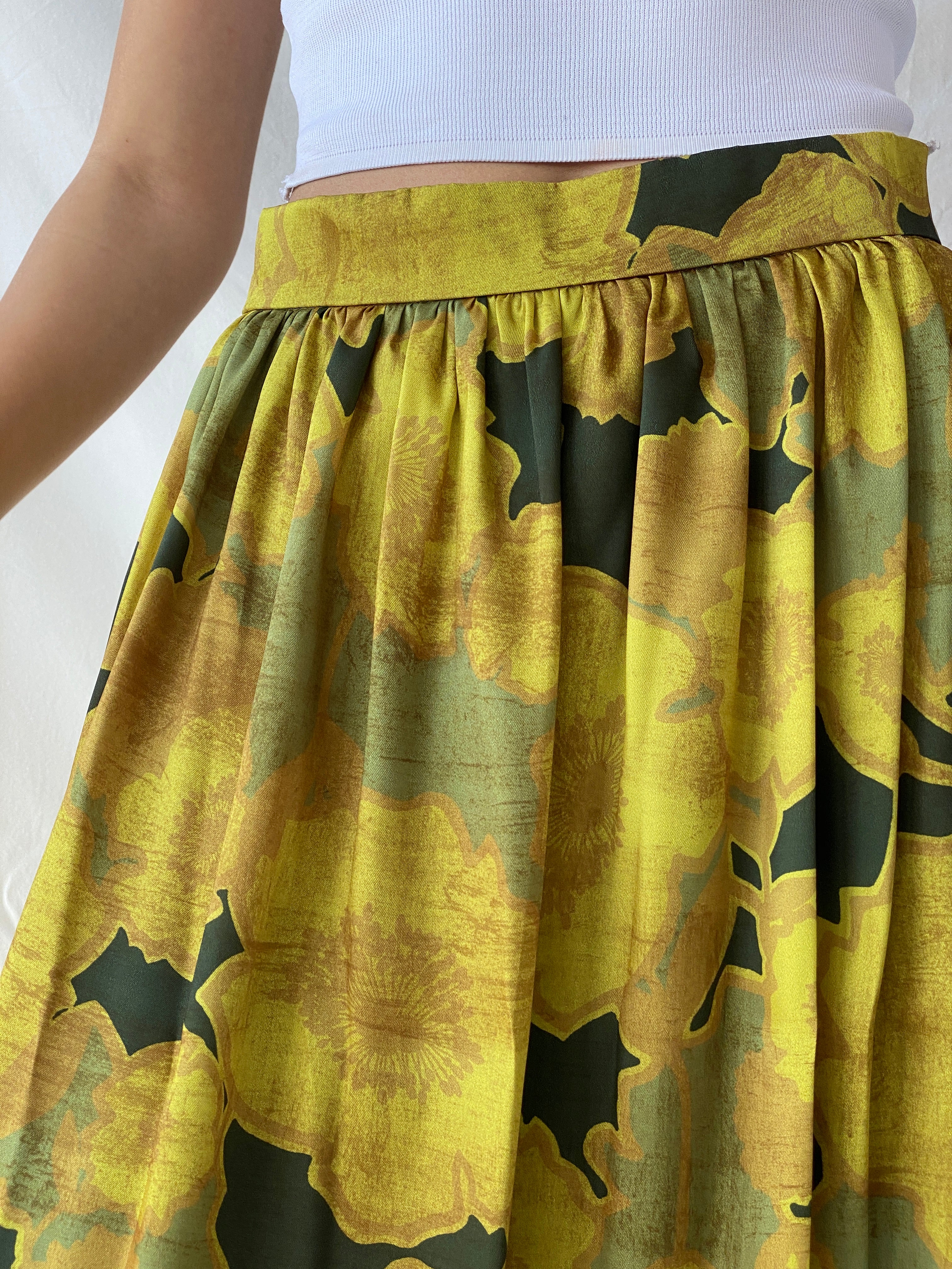 Beautiful La Fée Maraboutée Yellow & Green Floral Midi Skirt - M