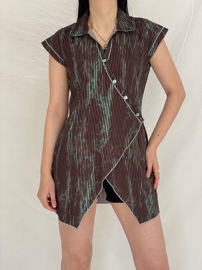 Vintage Y2K Quattro Asymmetrical Striped Wrap Cotton Blend Top with Contrast Stitching - S