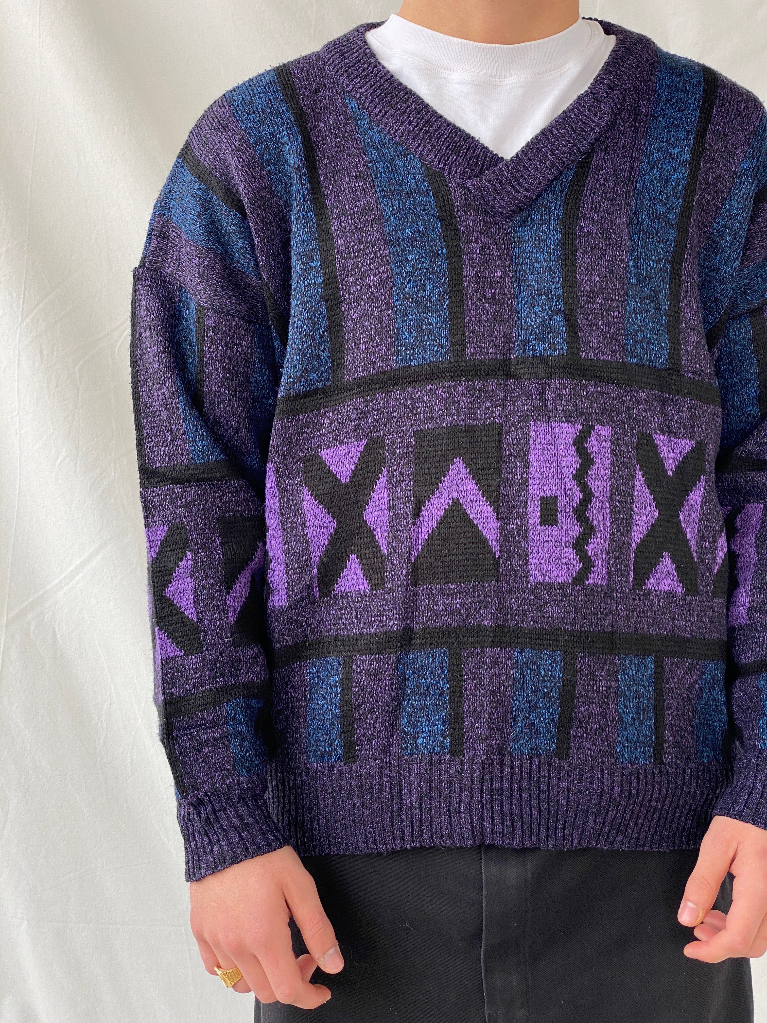 Vintage 80s Pegasus Purple Blue V-Neck Wool Blend Geometric Print Sweater - M