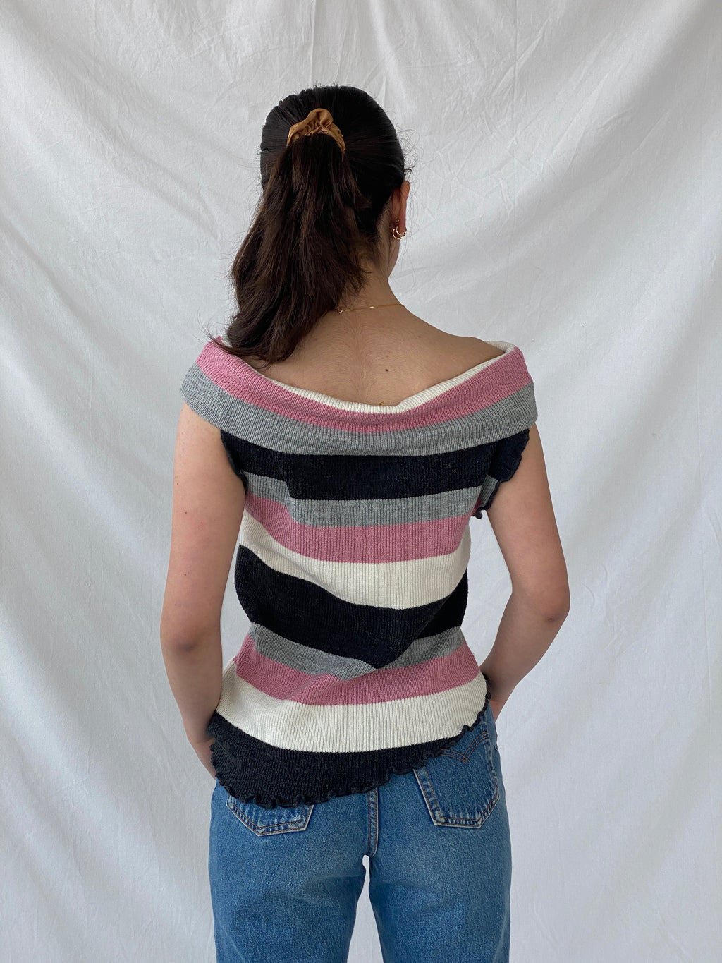 Y2K Pink Striped Asymmetric Off Shoulder Top - M