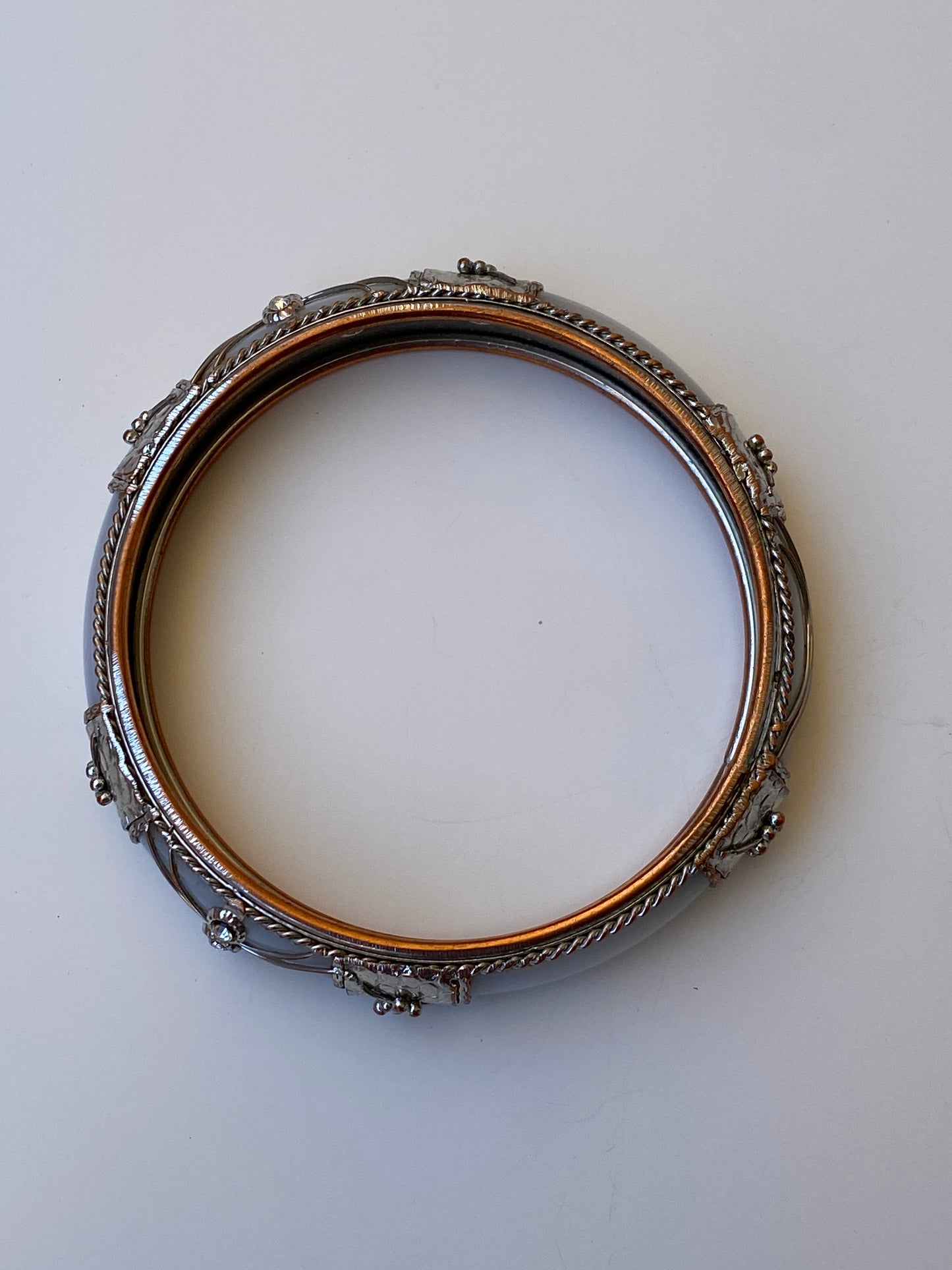 Vintage White Enamel & Silver-Tone Ornate Bangle Bracelet Rhinestone Detail