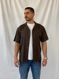 Vintage Gold Tri-Mountain Brown Half Sleeve Button Up Pure Silk Men’s Shirt - M