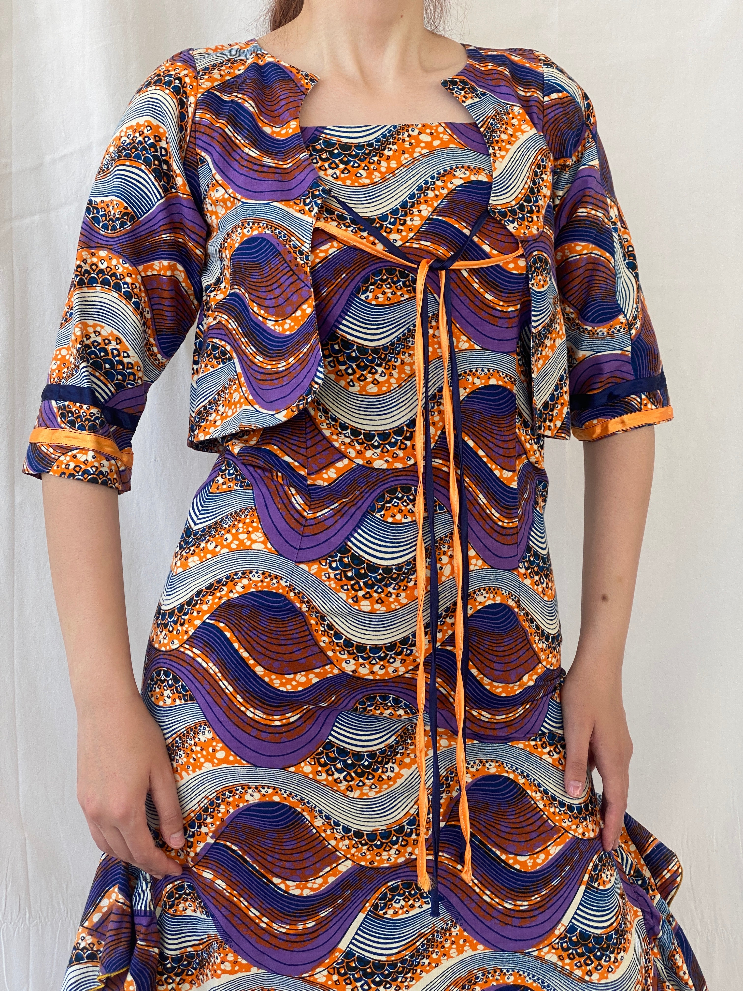 Vintage Handmade Ethnic African Print Purple Orange Midi Sleeveless Dress with Matching Bolero - S