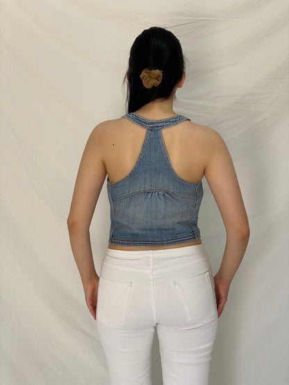 Vintage Y2K Roxy Blue Denim Racerback Button Front Vest Top - M