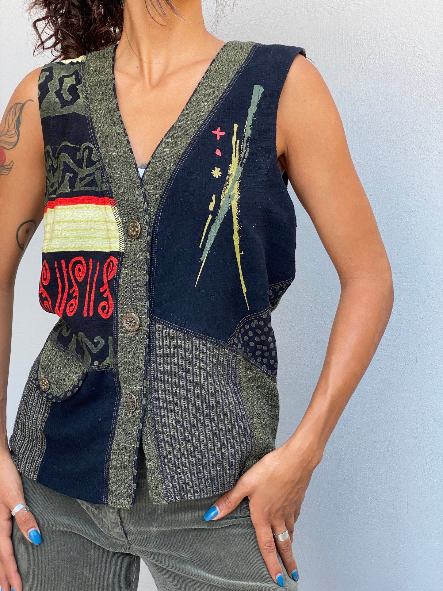 Vintage 90s Nancy Bolen Olive Green Patchwork Boho Vest – M