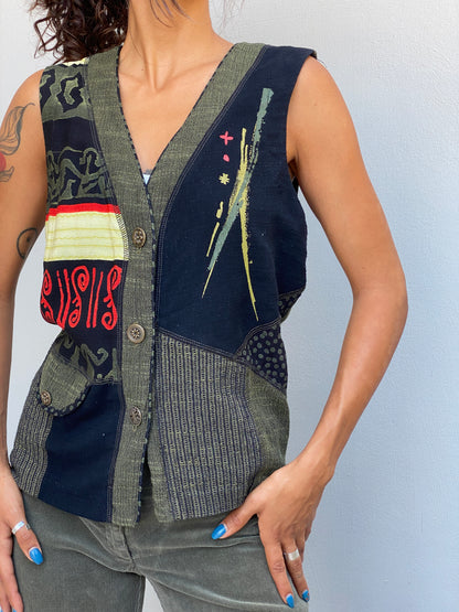 Vintage 90s Nancy Bolen Olive Green Patchwork Boho Vest – M