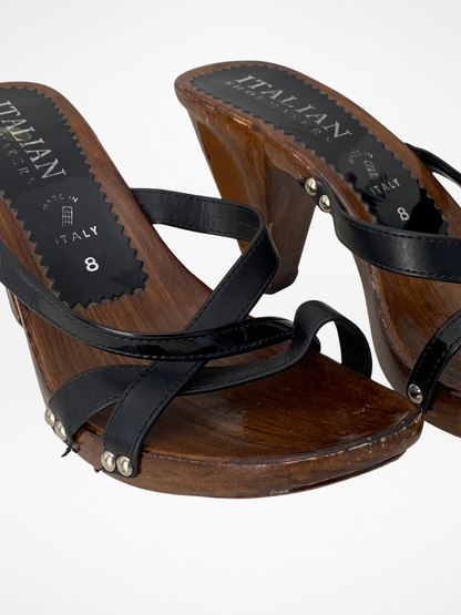 Vintage Y2K Italian Shoemakers Made in Italy Black Strappy Wooden Clog Heels - 39 EU
