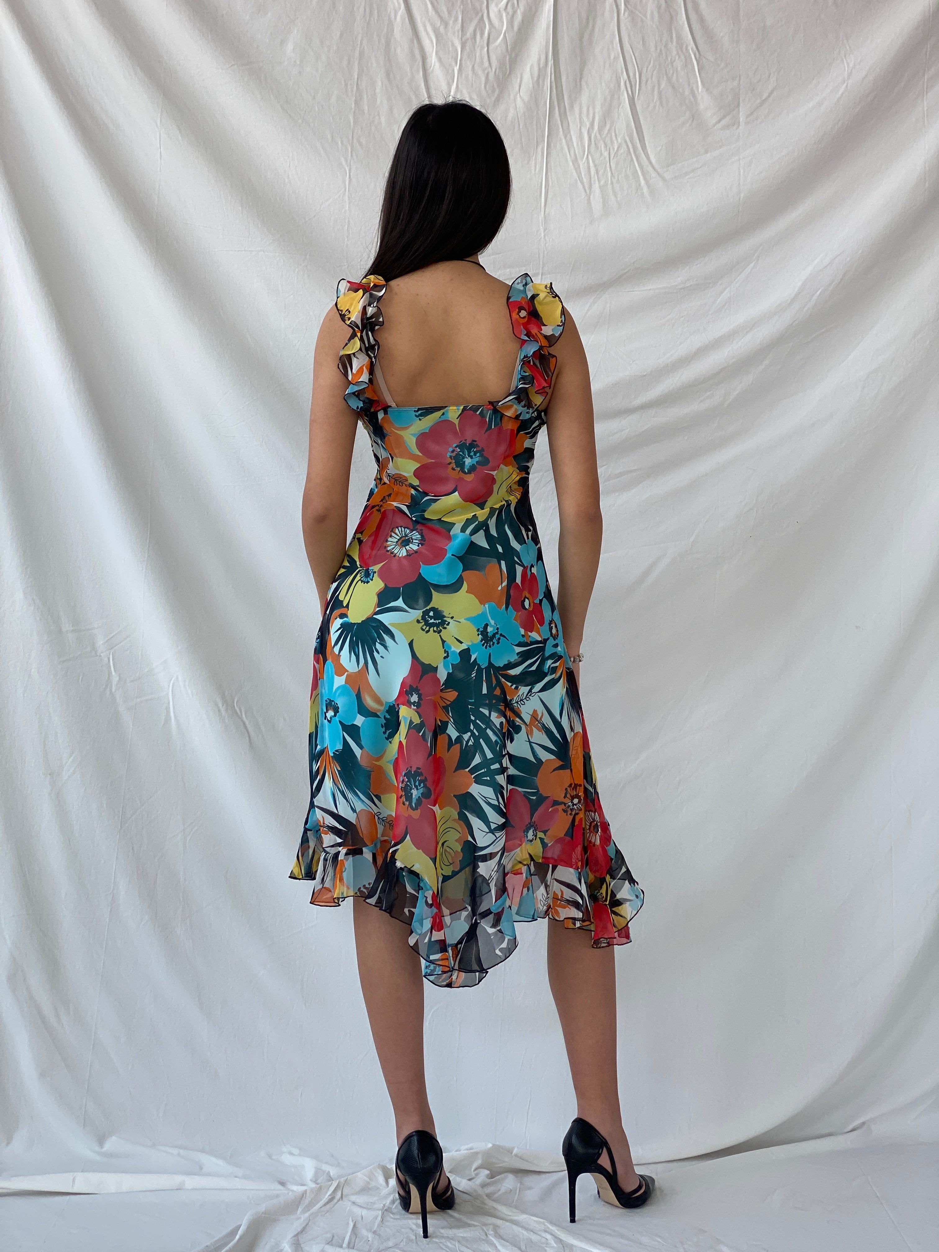 Y2K Floral Blue & Orange Ruffled Midi Dress - M