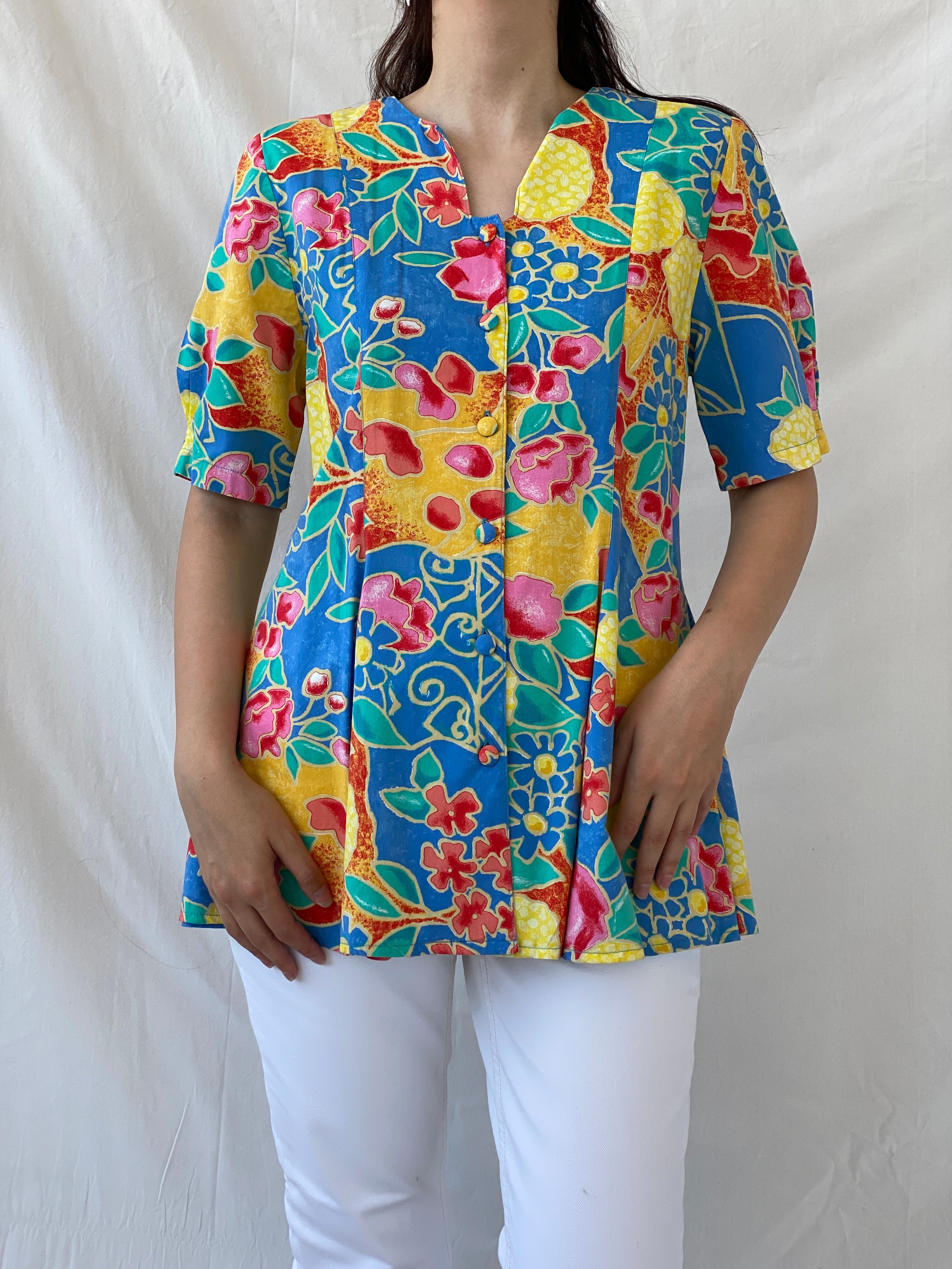 Statement Vintage Bella Donna Yellow Blue Colorful Floral Short Sleeve Women’s Shirt - L