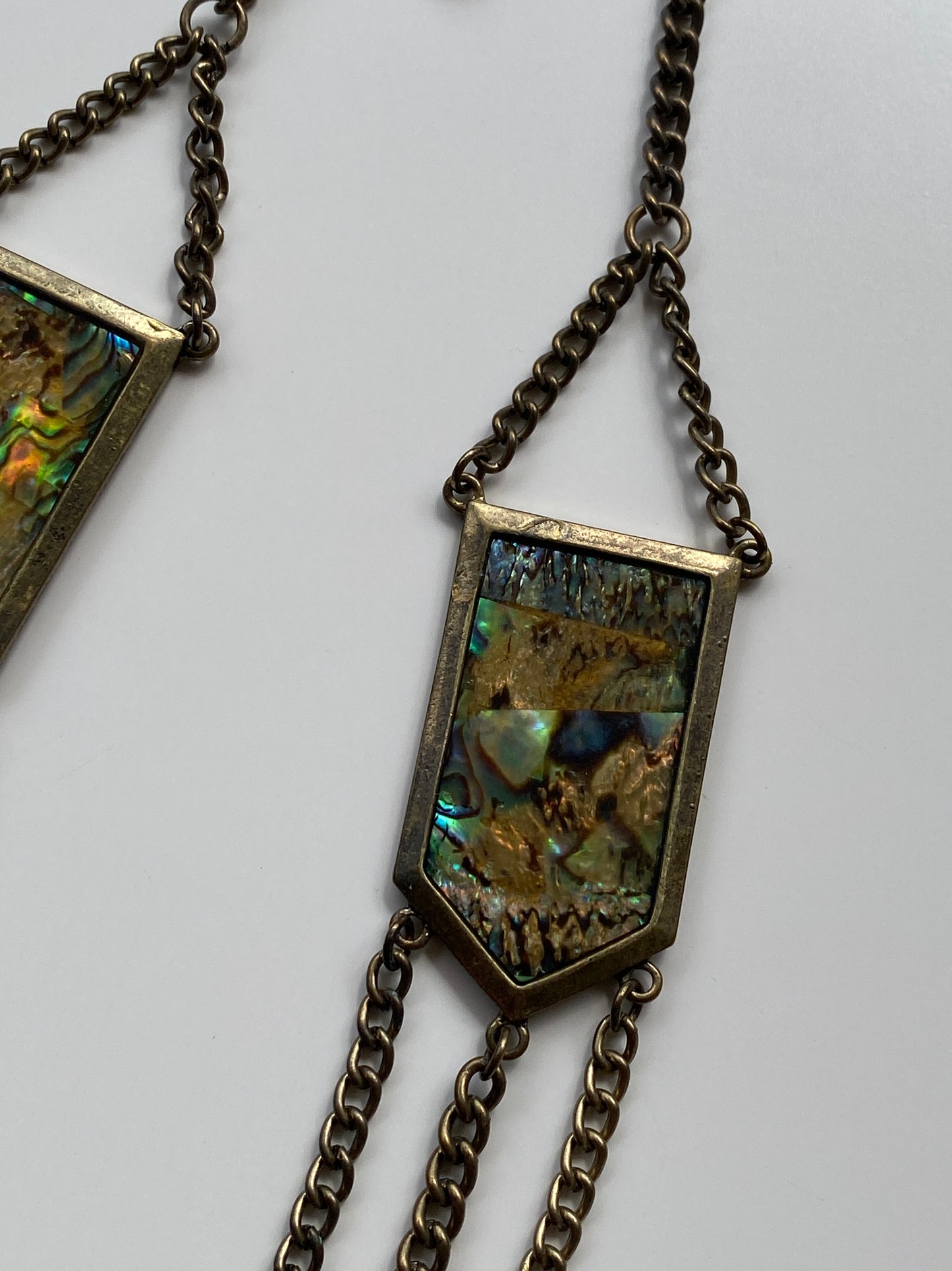 Vintage Y2K–Boho Abalone Shell & Antiqued Brass Triple Draped Chain Statement Necklace