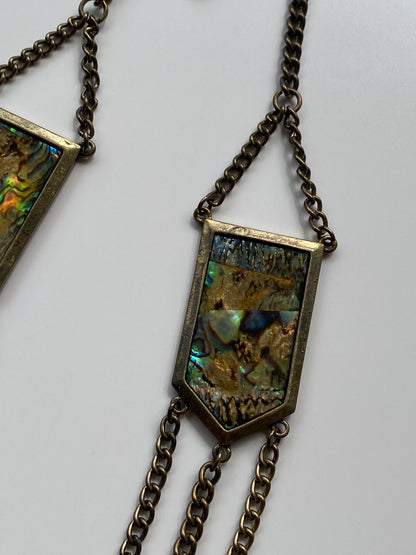 Vintage Y2K–Boho Abalone Shell & Antiqued Brass Triple Draped Chain Statement Necklace