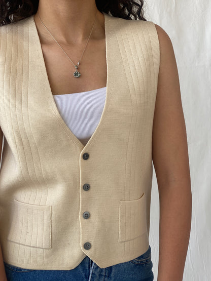 Vintage Charm Square Beige Vest Cotton Blend Waistcoat - L