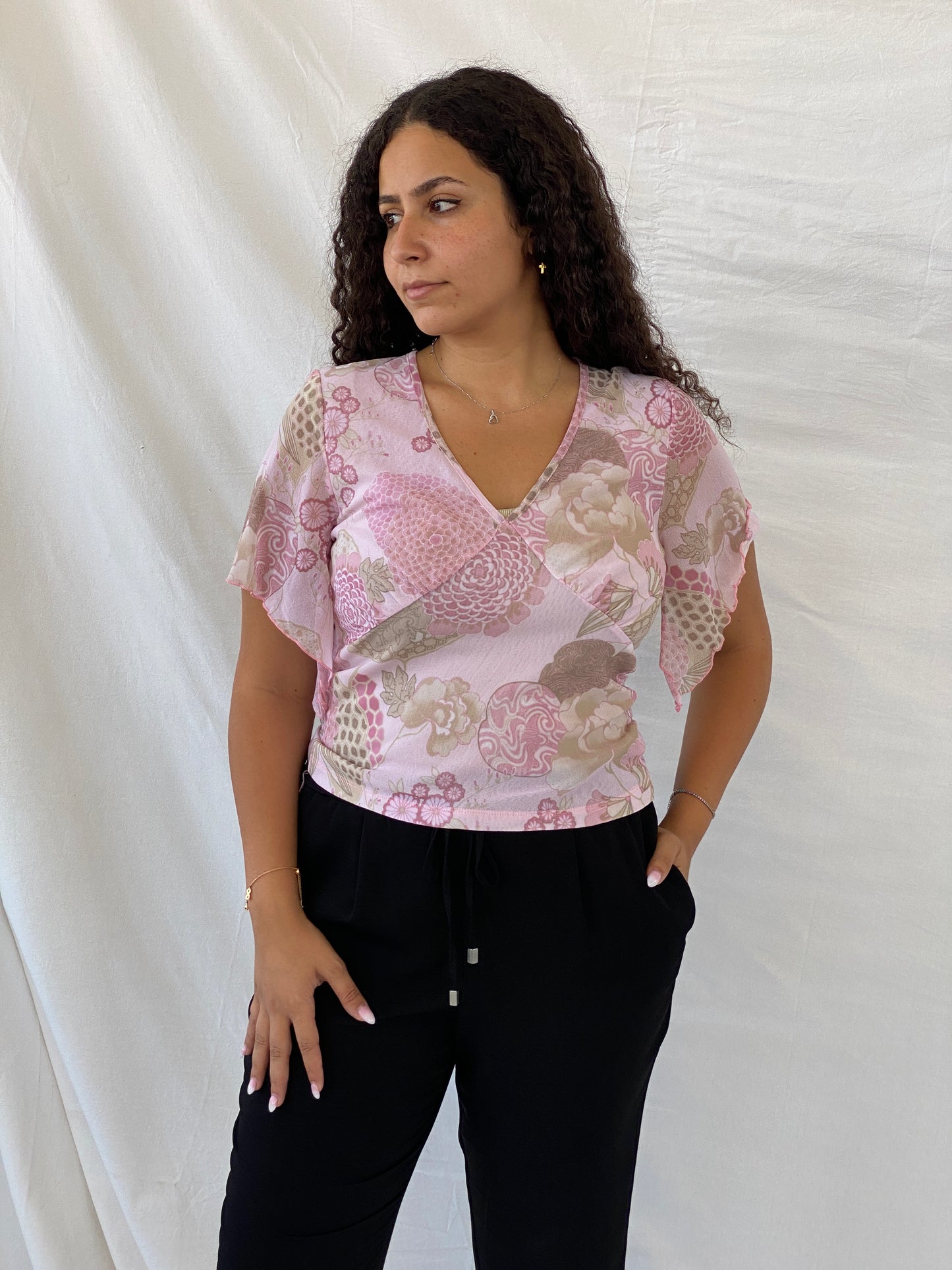 Y2K Wallis Floral Mesh Pink Half-Sleeve Top - L