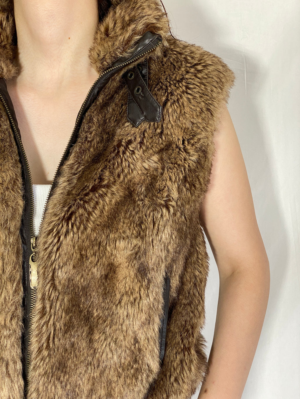 Y2K Mystical Charms Faux Fur Brown Sleeveless Zip Up Vest - M