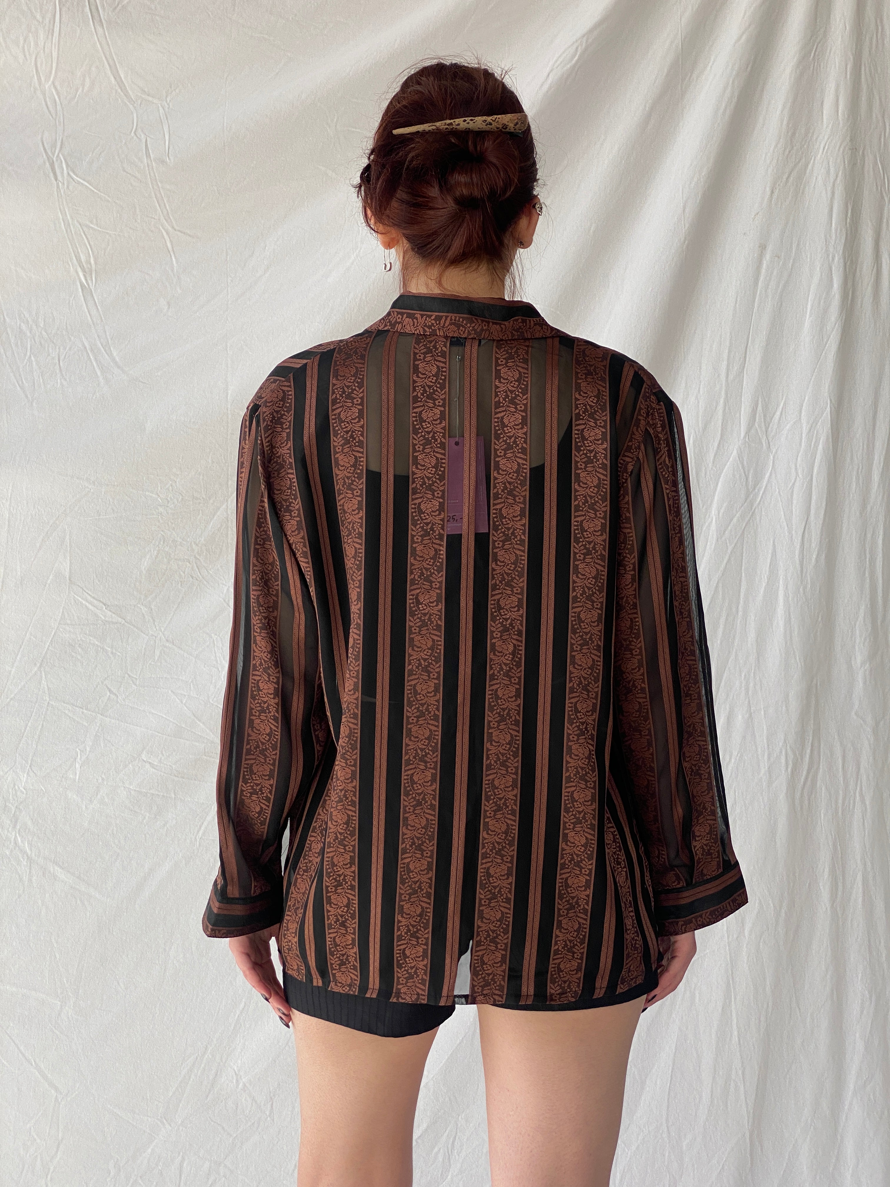 Vintage Noble Pretty Brown Floral Striped Sheer Long Sleeve Women’s Button Shirt - M