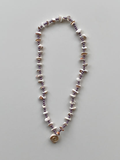 Vintage Natural Shell Chip & Lilac Pearl Bead Necklace with Spiral Shell Pendant
