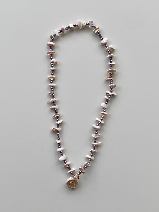 Vintage Natural Shell Chip & Lilac Pearl Bead Necklace with Spiral Shell Pendant