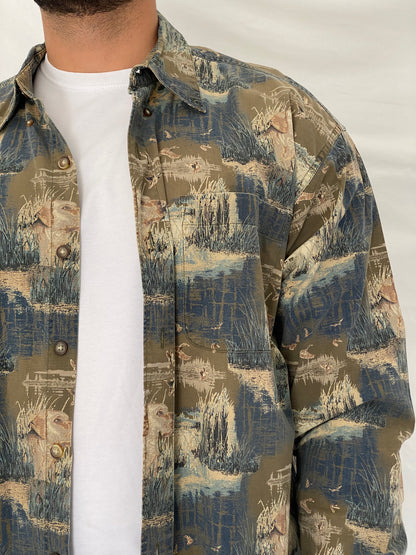 Vintage Woodland Trail Camo Hunting Cotton Button-Up Shirt – XL