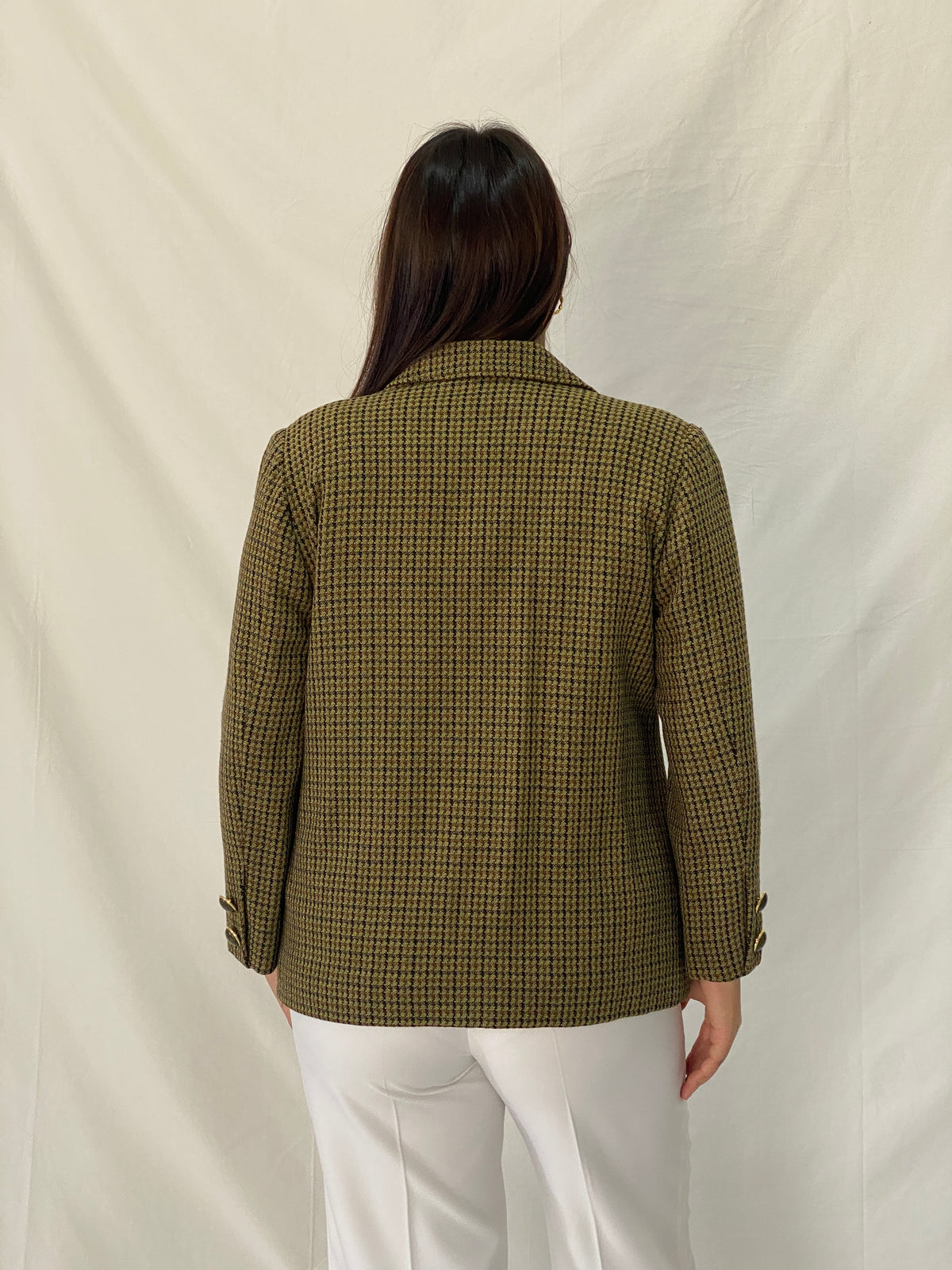 Vintage Alta Costura Olive Green Houndstooth Office Blazer - L Vintage Alta Costura Olive Green Houndstooth Office Blazer - L