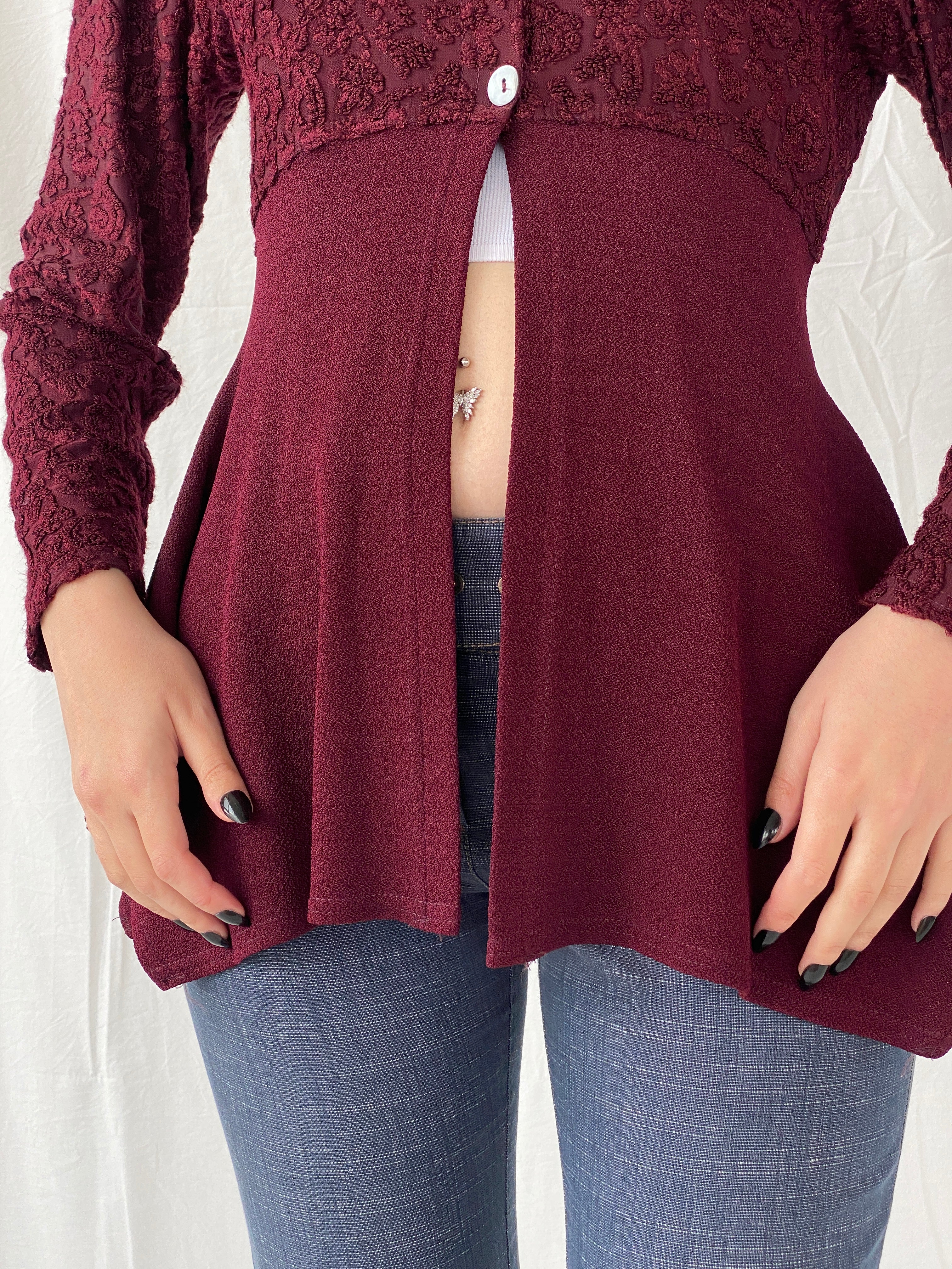 Vintage Vestino Italy Maroon Floral Lace Buttoned Split Cardigan - M