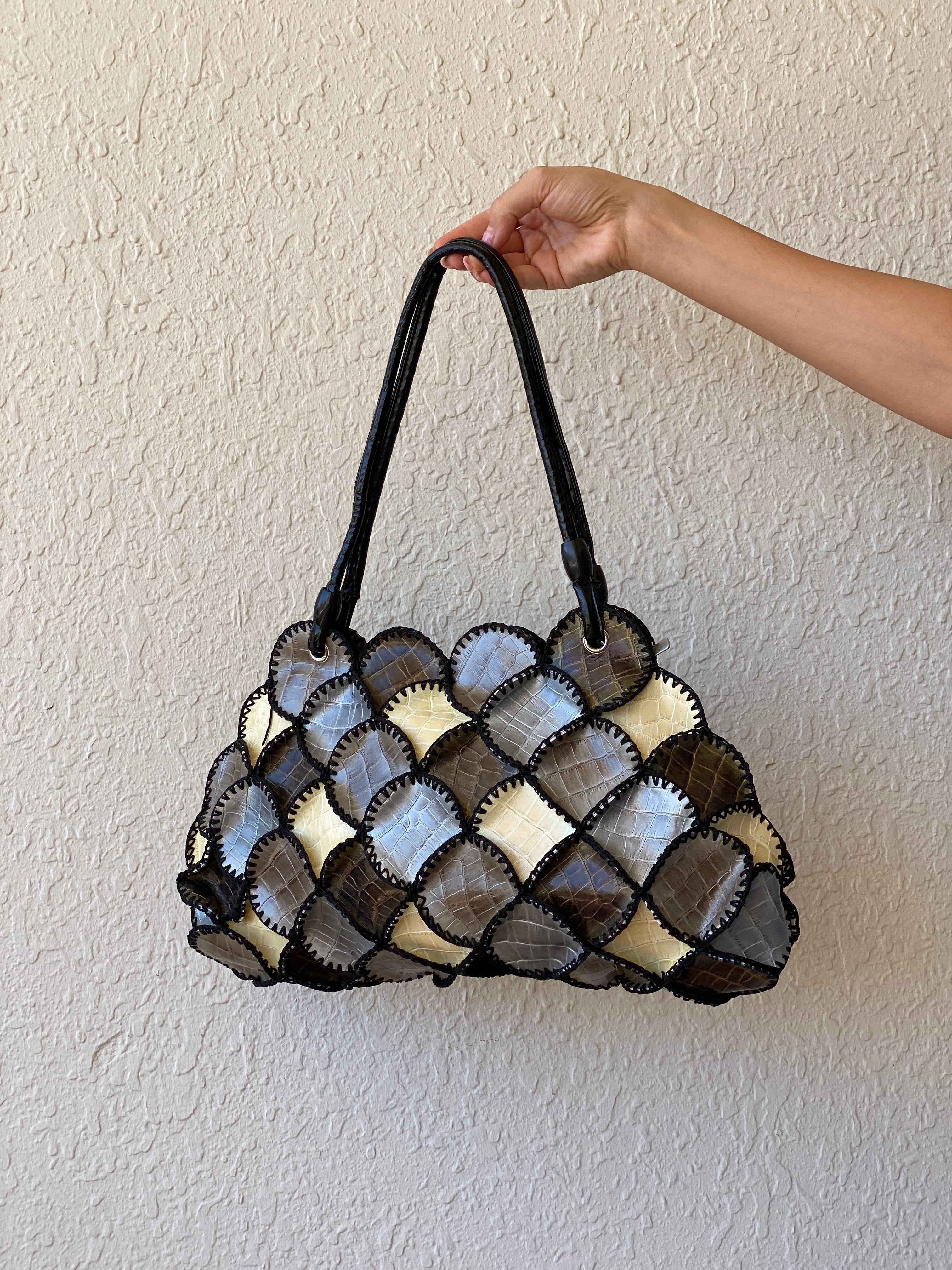 Vintage Y2K Boho Crochet Faux Snake Leather Patchwork Shoulder Bag