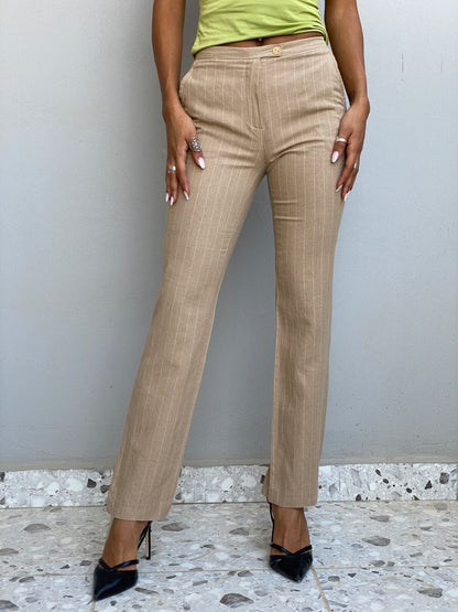 Vintage Y2K La City Paris Beige Pinstripe Low-Rise Straight Leg Trousers - XS