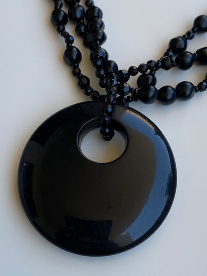 Y2K Black Multi-Strand Beaded Oversized Disc Pendant Necklace