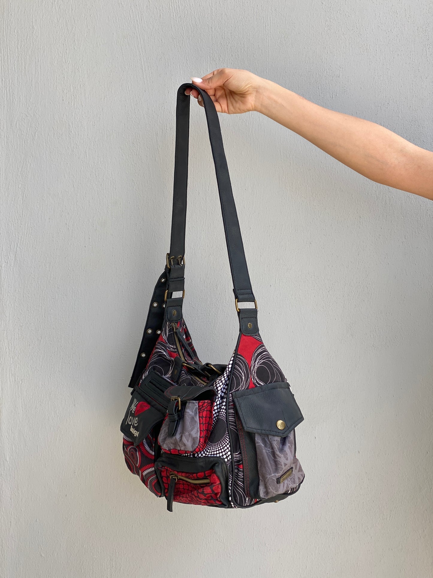 Vintage Y2K Desigual Patchwork Print Multi Pocket Shoulder Bag Boho Graphic Tote