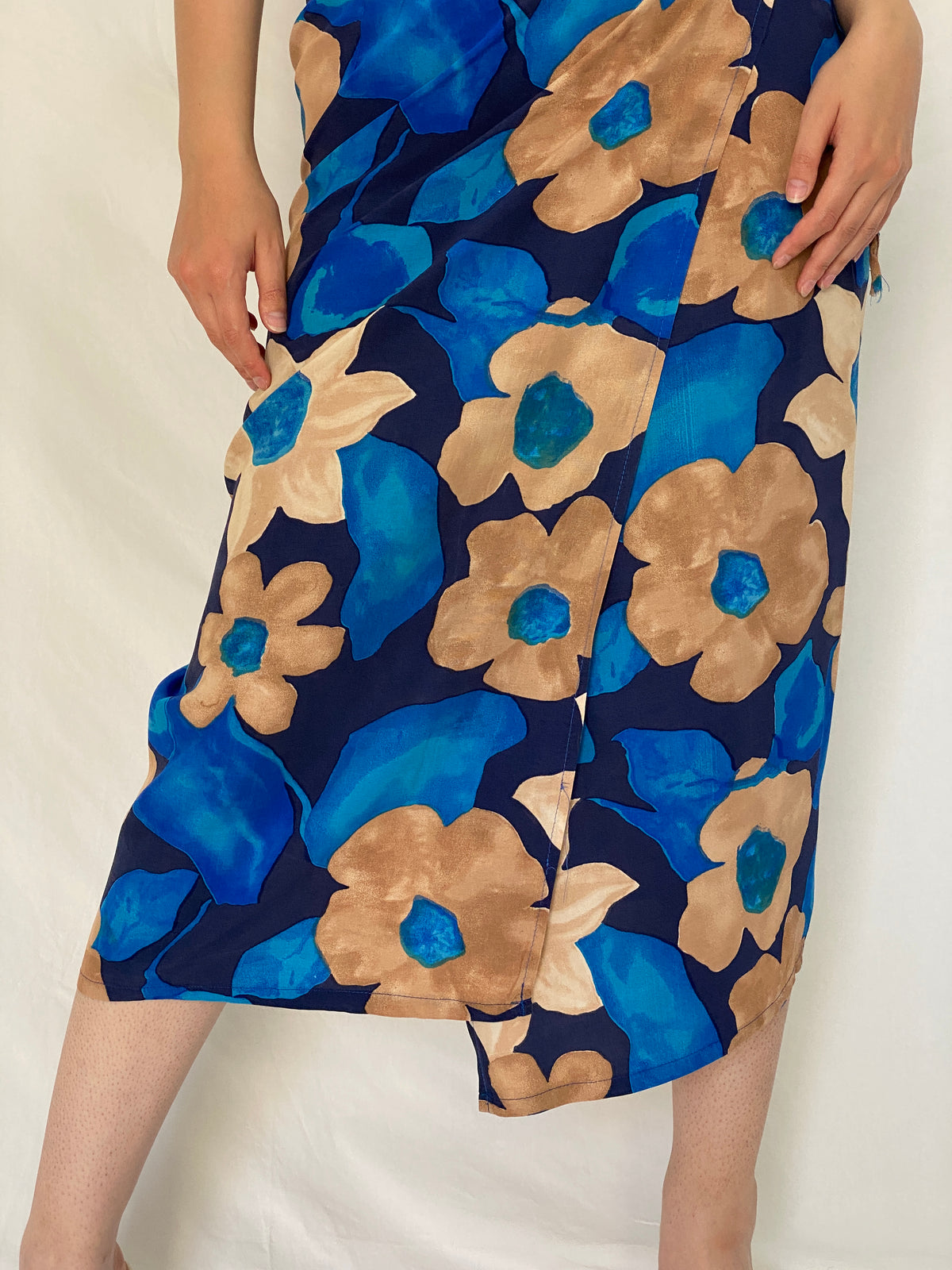 Vintage 1990s Blue & Tan Abstract Floral Wrap Midi Skirt - M Vintage 1990s Blue & Tan Abstract Floral Wrap Midi Skirt - M