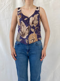 Vintage COPINES Abstract Floral Navy Beige Sleeveless Shirt - M