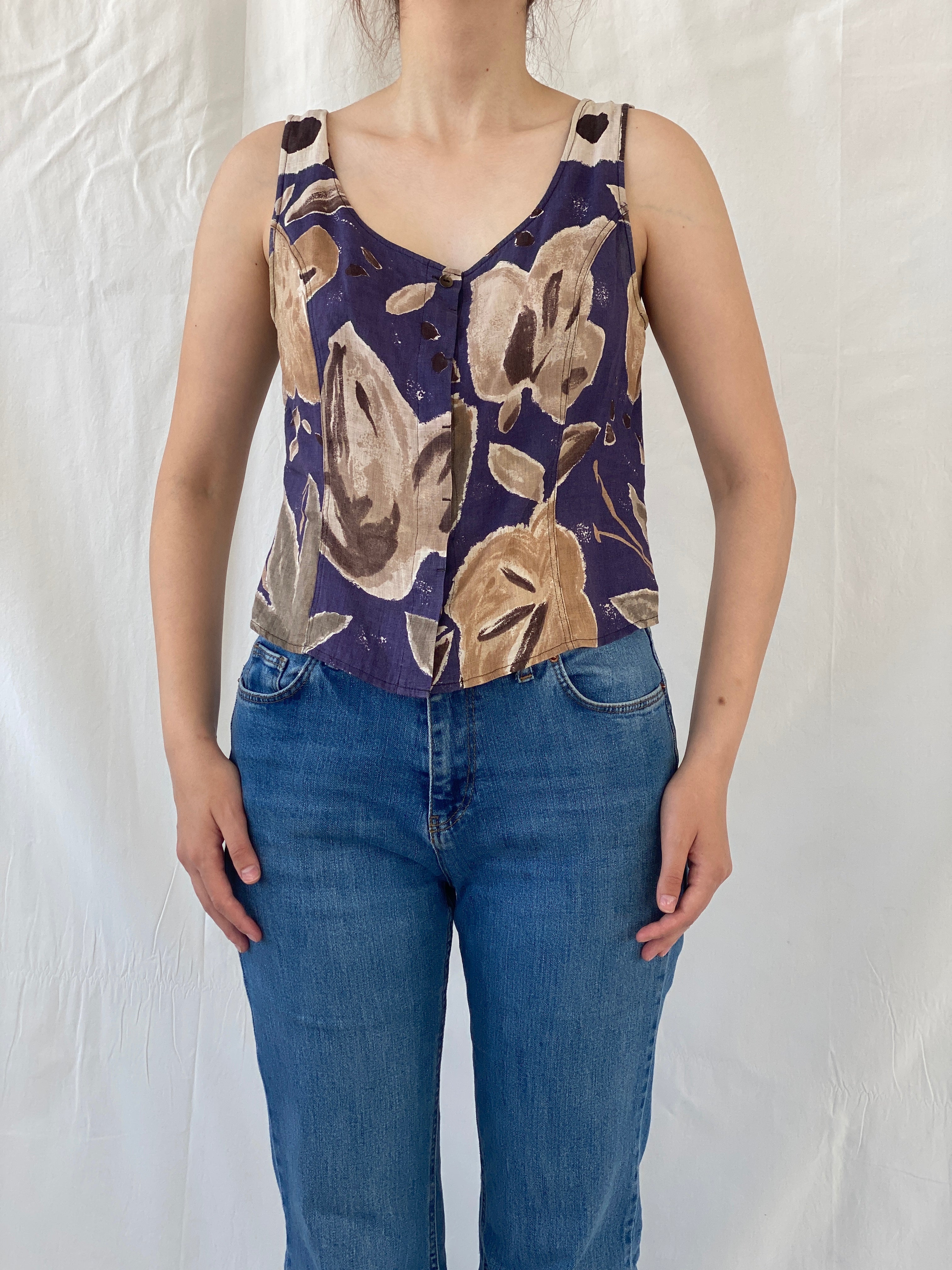 Vintage COPINES Abstract Floral Navy Beige Sleeveless Shirt - M